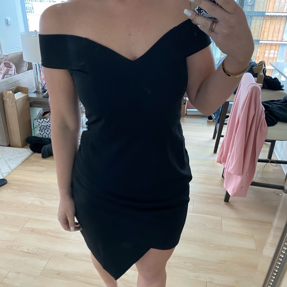 Strapless black off shoulder asymmetrical dress